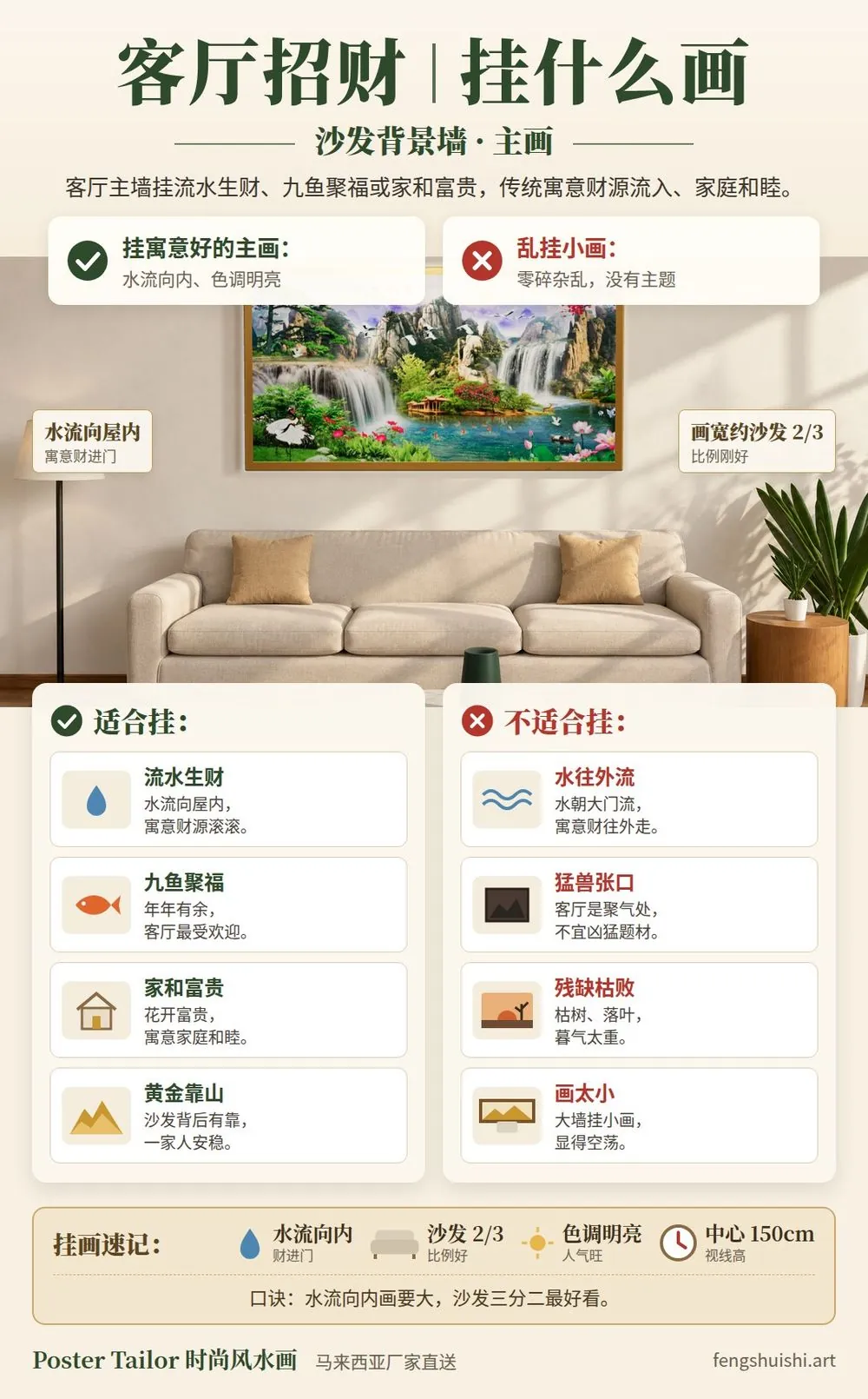 客厅挂什么画招财一图看懂 流水生财 九鱼聚福 家和富贵 沙发背景墙挂法