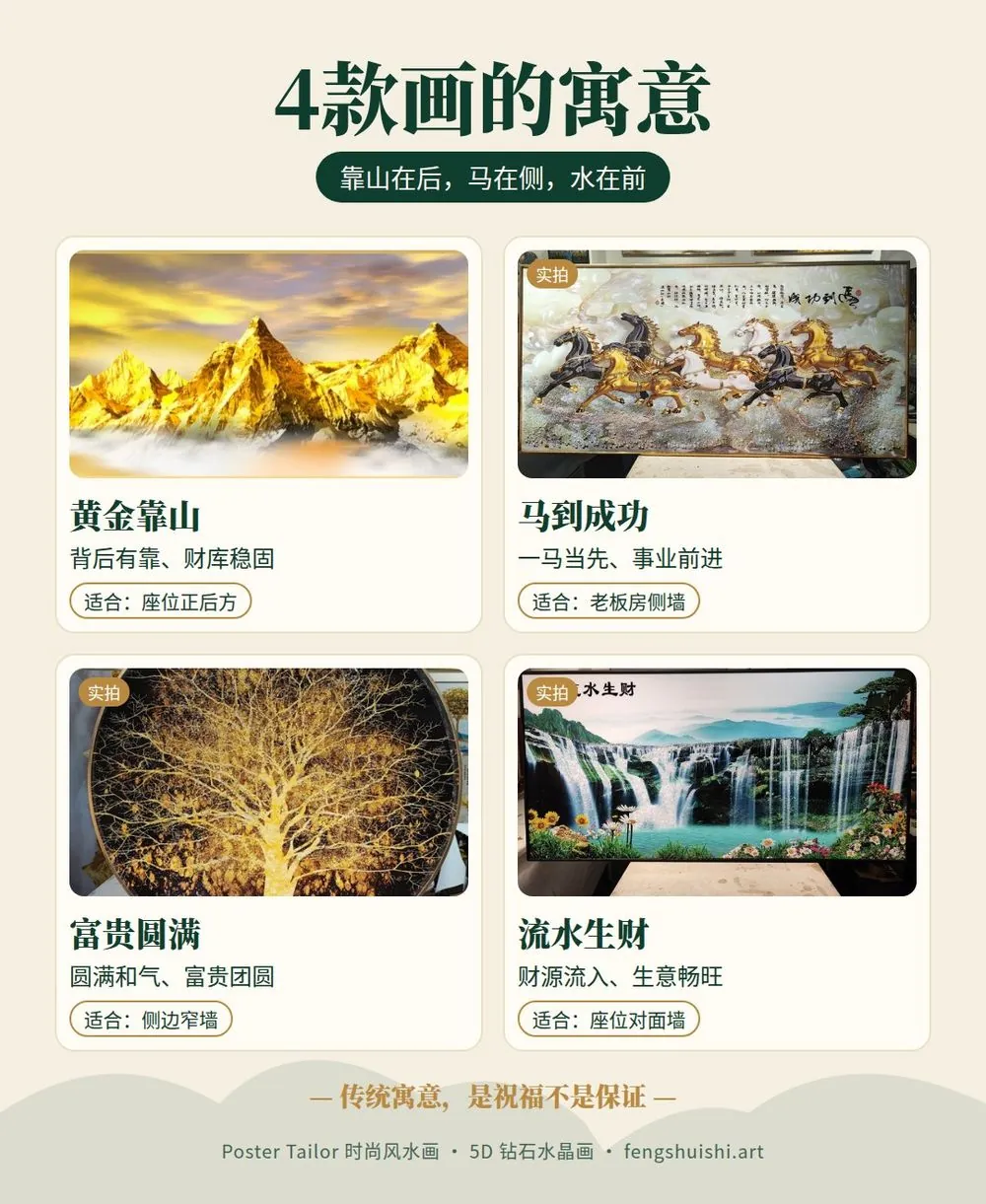 黄金靠山寓意一图看懂 黄金靠山 马到成功 富贵圆满 流水生财 四款风水画寓意与挂法