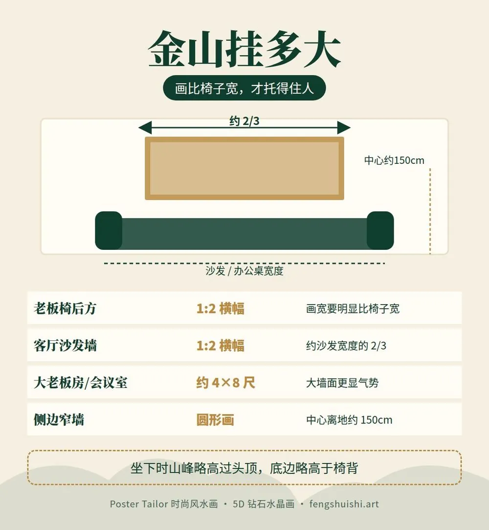 老板房挂金山尺寸建议 1:2 横幅 约4×8尺大型主画 圆形画 挂画高度与沙发比例