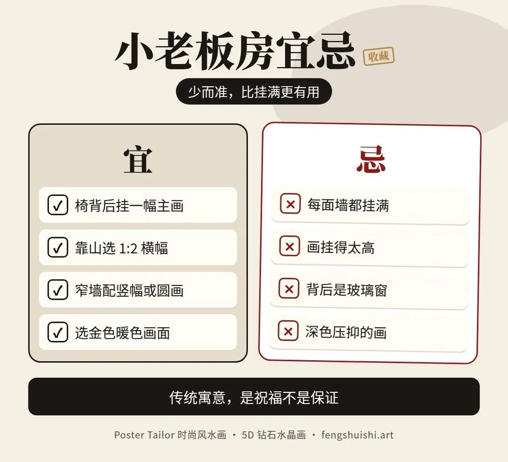小老板房挂画宜忌清单 只挂一幅主画 横幅靠山 窄墙竖幅 不宜每面墙挂满 不宜挂太高