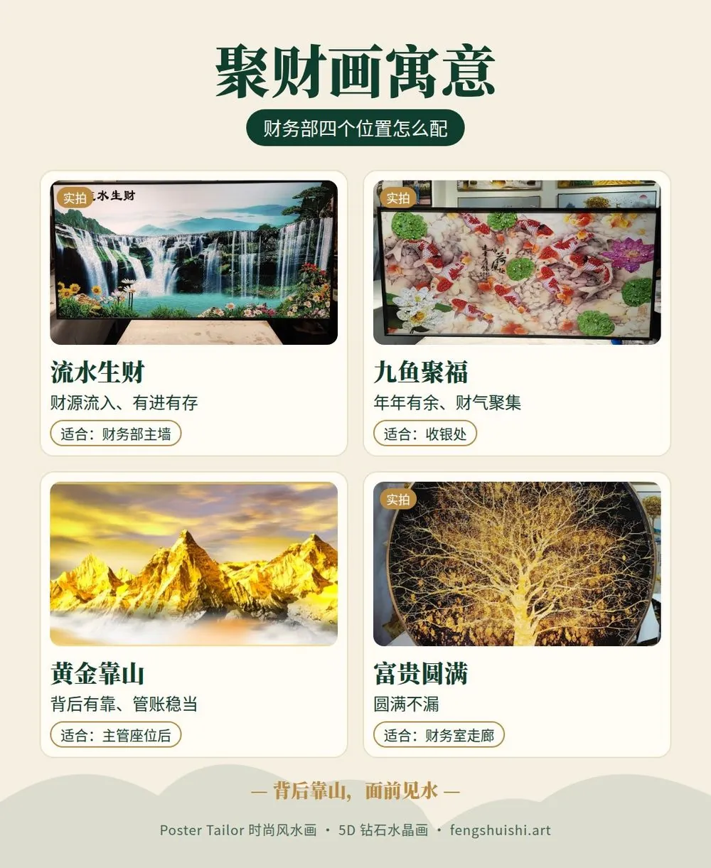 财务部风水画寓意卡 流水生财 九鱼聚福 黄金靠山 富贵圆满 适合挂在哪里
