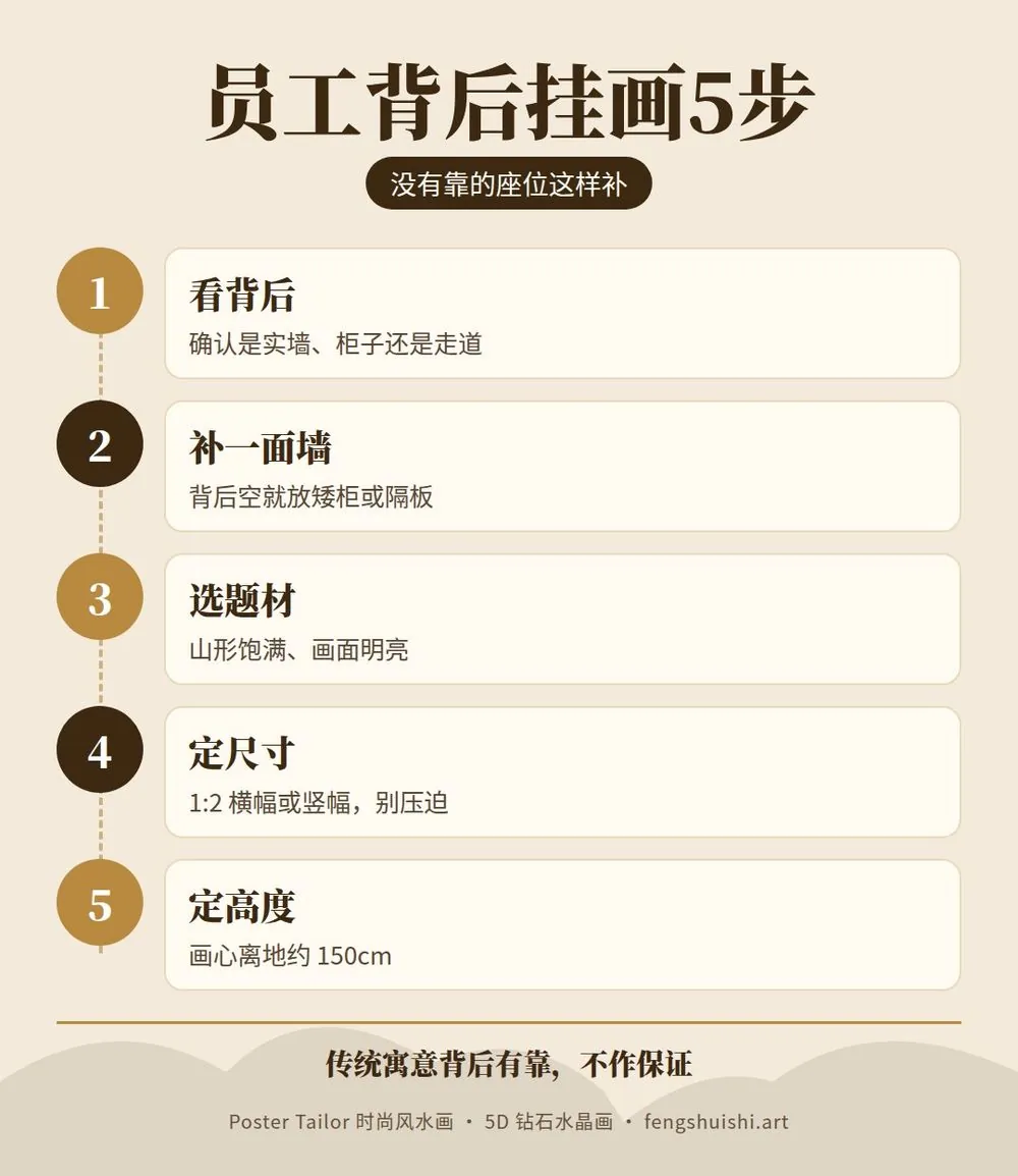 员工座位背后挂画 5 步 看背后 补一面墙 选题材 定尺寸 定高度