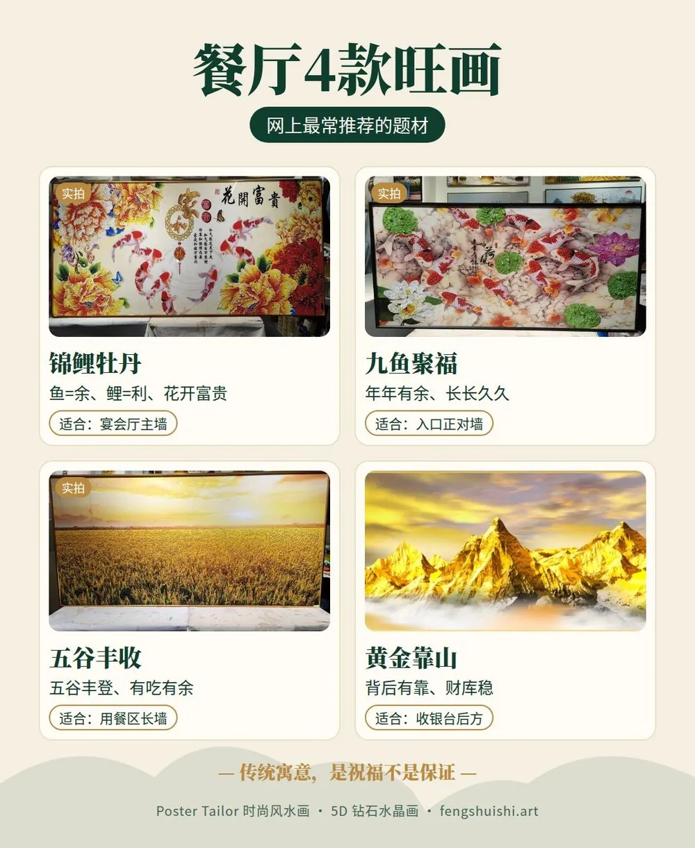餐厅开张送什么画 4 款饮食业风水画寓意 锦鲤牡丹 九鱼 五谷丰收 山水靠山