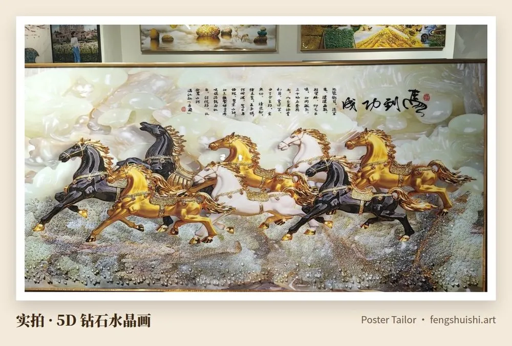 马到成功 5D 钻石水晶画 横幅 金色与深色骏马向右奔腾 浅色石纹背景 右上角书法题字 金色细框 送老板什么礼物