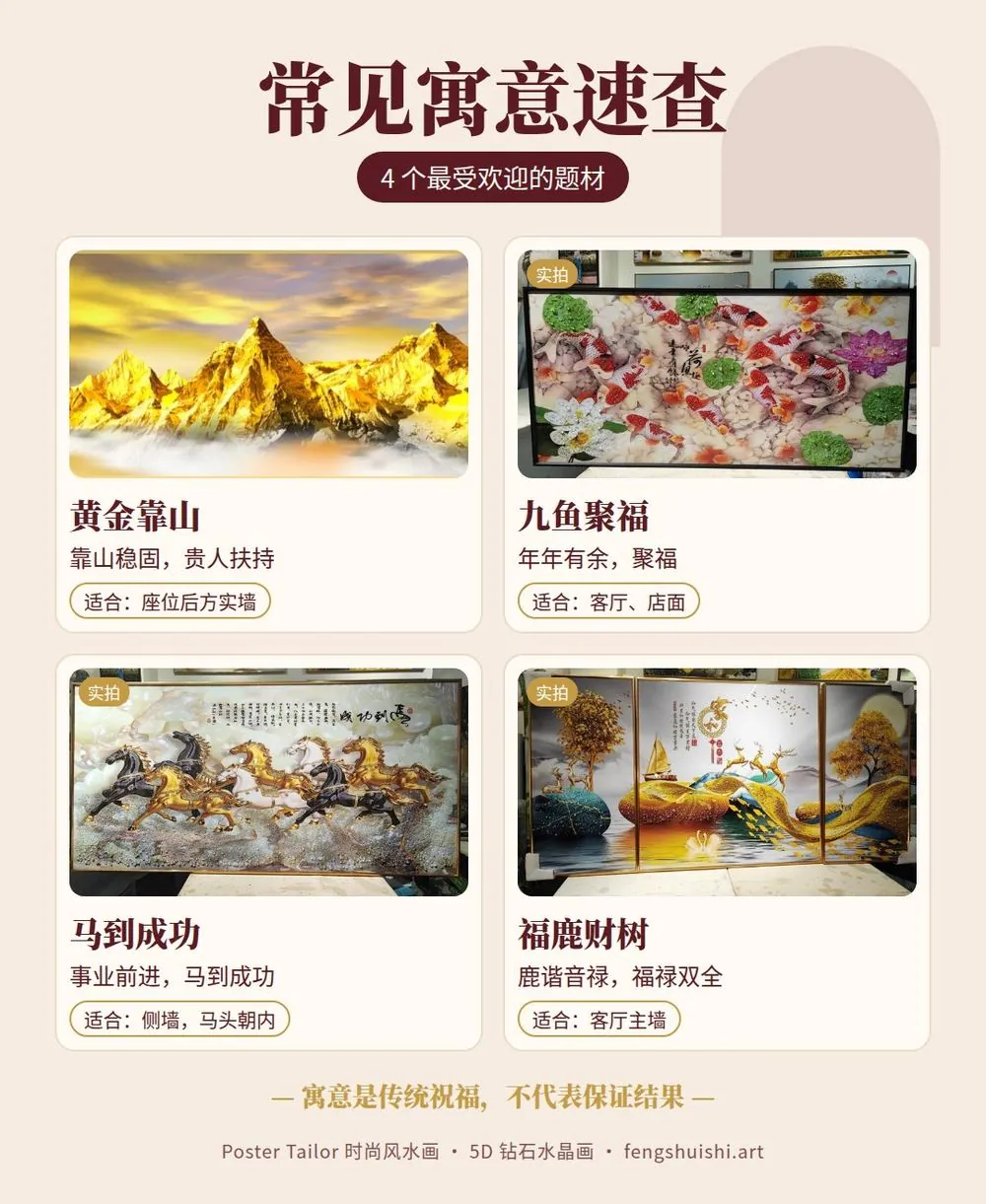 风水画寓意大全 一图看懂 黄金靠山 九鱼聚福 马到成功 福鹿财树 传统寓意与适合挂的位置