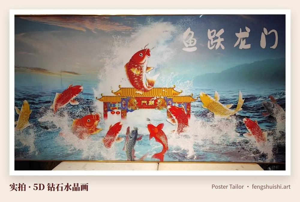 鱼跃龙门 5D 钻石水晶画 横幅 红色锦鲤跃出浪花 龙门牌楼 风水画寓意大全