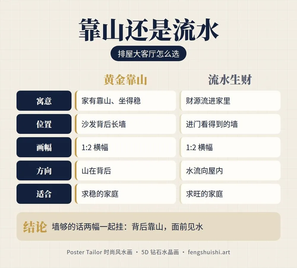 大客厅挂画对比 黄金靠山与流水生财 寓意 位置 画幅 适合家庭