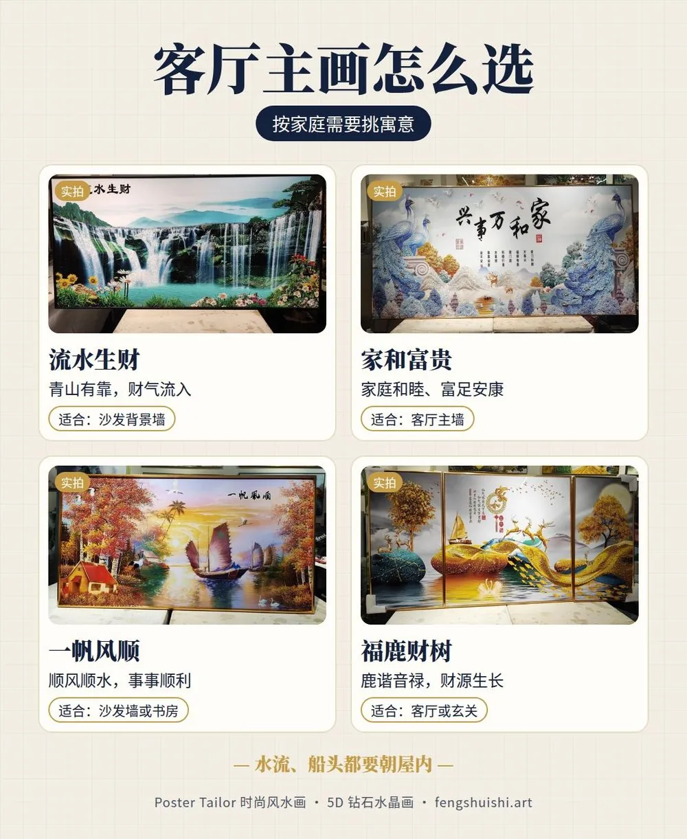 客厅主画寓意 流水生财 家和富贵 一帆风顺 福鹿财树 各自适合挂的位置
