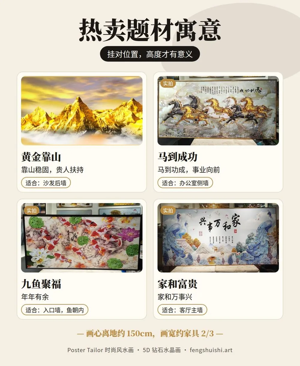 画挂多高 热卖款风水画寓意与挂法 黄金靠山 马到成功 九鱼聚福 家和富贵 适合挂的位置