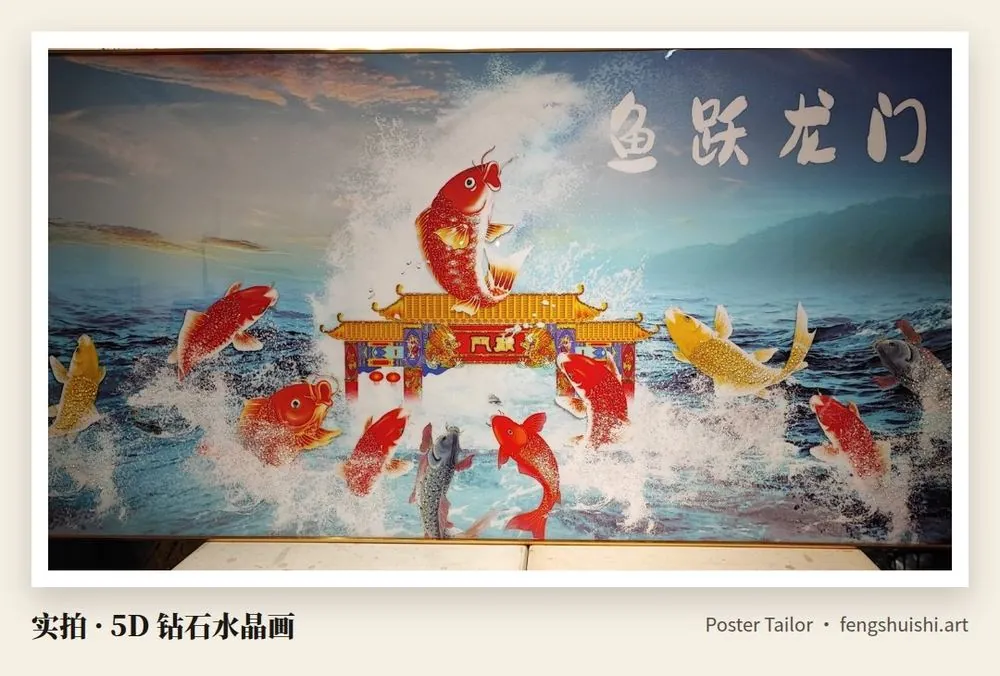 画挂多高 横幅 5D 钻石水晶画 红色锦鲤跃出浪花 龙门牌楼 题字鱼跃龙门 沙发墙挂画