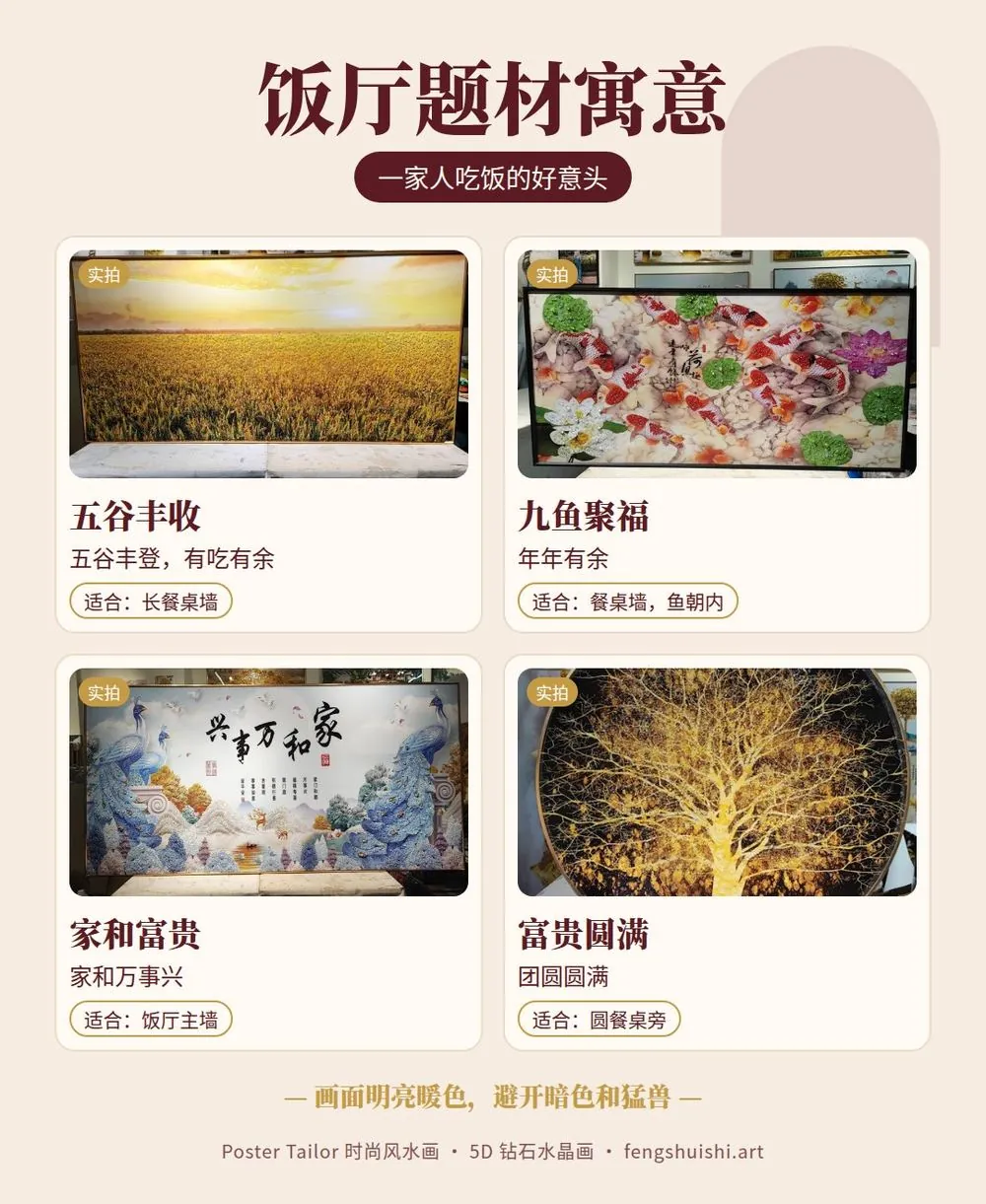 餐厅挂什么画 饭厅风水画寓意 五谷丰收 九鱼聚福 家和富贵 富贵圆满 适合挂的位置
