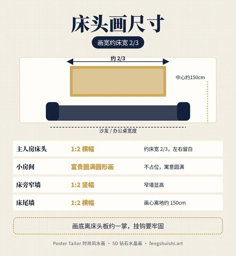 床头画尺寸 主人房床头横幅1:2约床宽2/3 小房间圆形画 窄墙竖幅 床尾墙横幅 挂钩要牢固