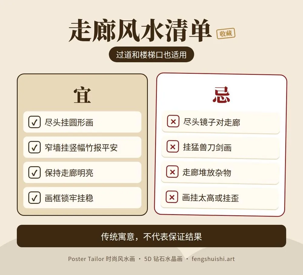 走廊风水该做与不该做清单 走廊尽头挂圆形画 保持明亮 不放镜子 不挂猛兽暗画