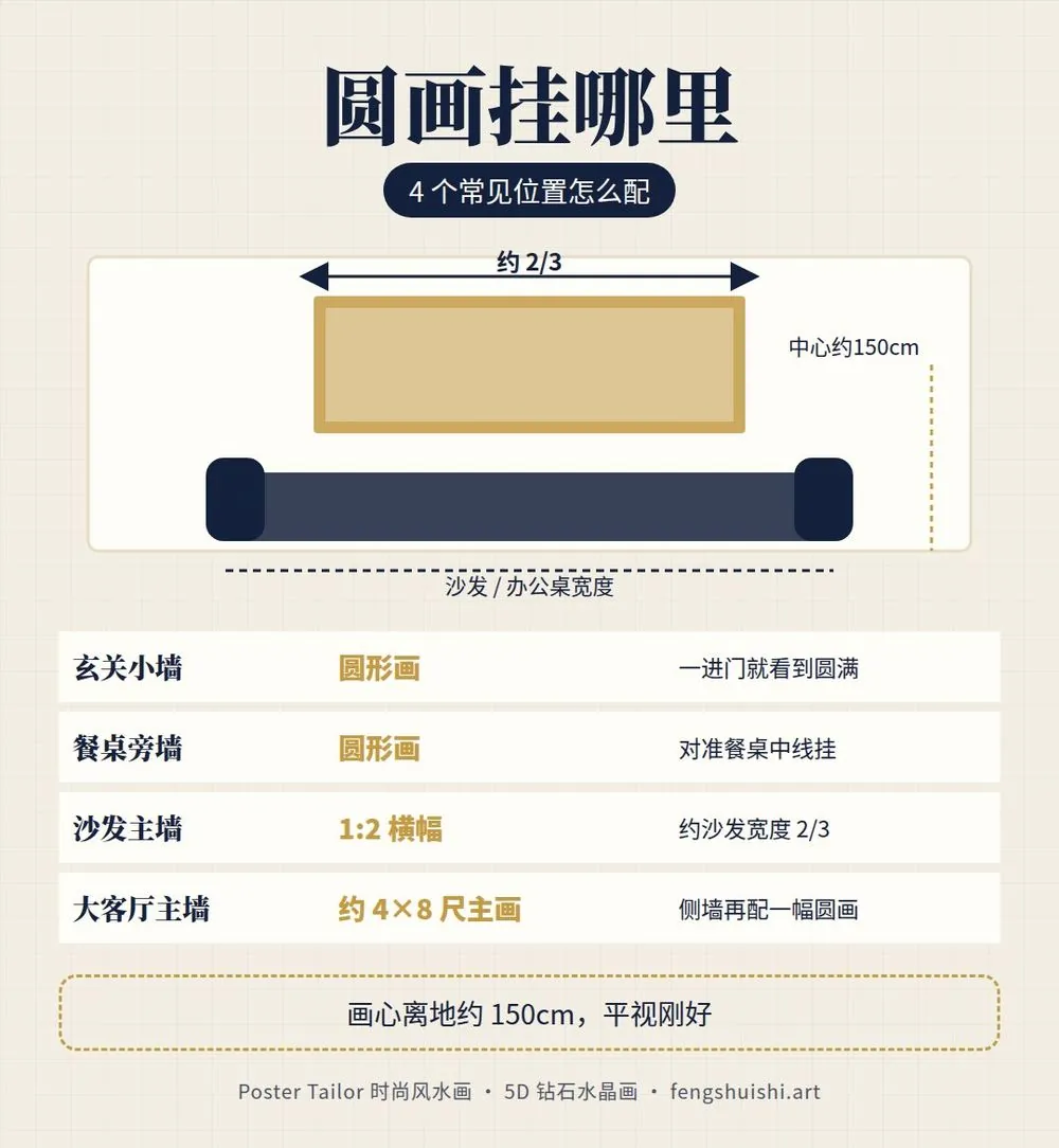 圆形画风水 圆画挂哪里 尺寸建议 玄关 餐厅 沙发墙 大客厅 画心离地约 150cm