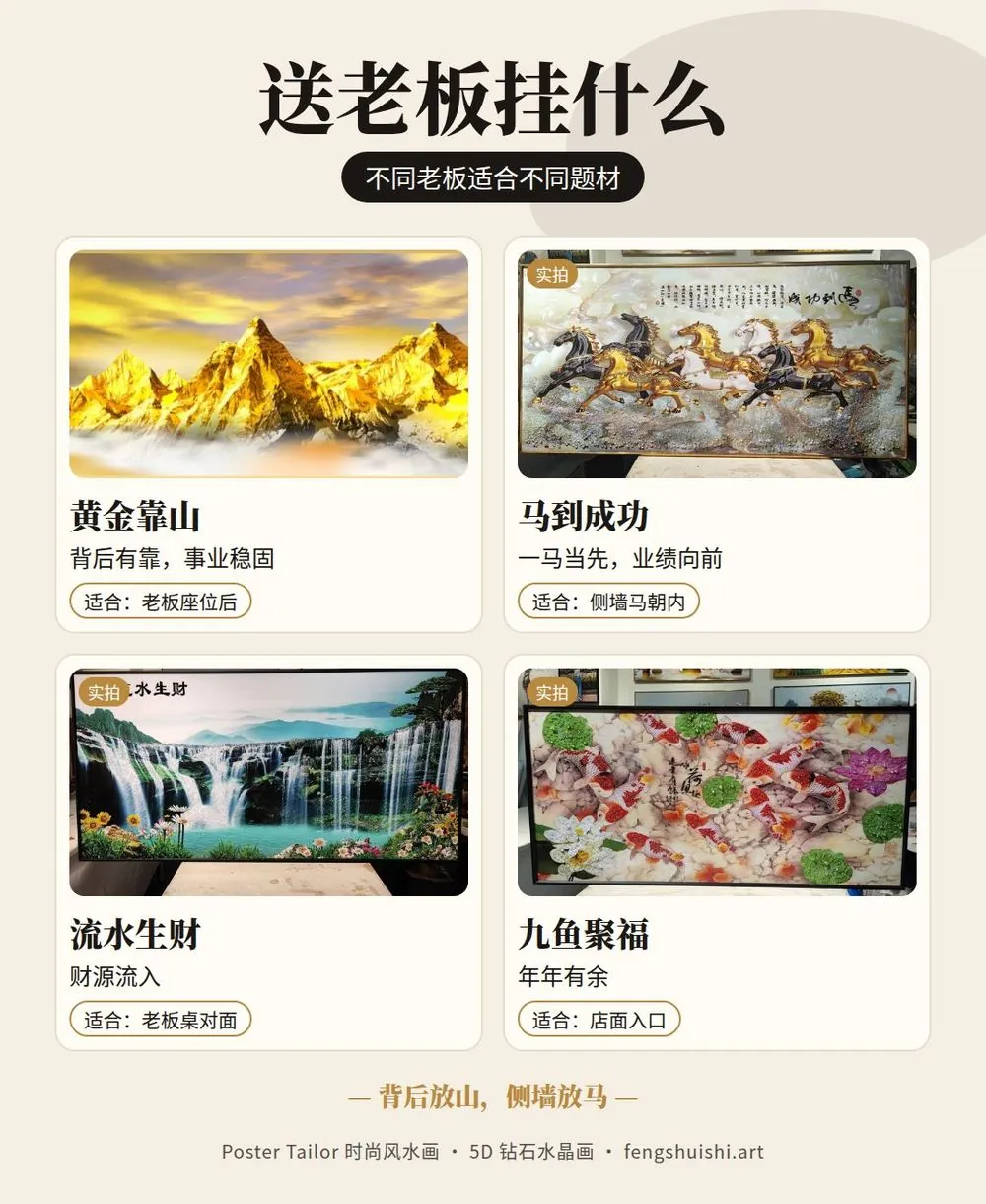 老板生日礼物风水画寓意 黄金靠山 马到成功 流水生财 九鱼聚福 适合挂的位置