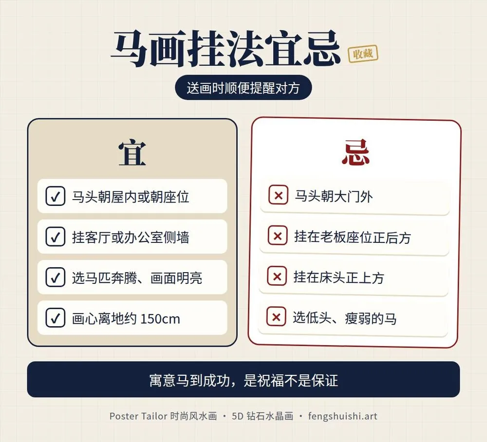 马画寓意与挂法宜忌 马头朝屋内 挂客厅或办公室侧墙 不朝大门外 不挂老板座位后方 不挂床头