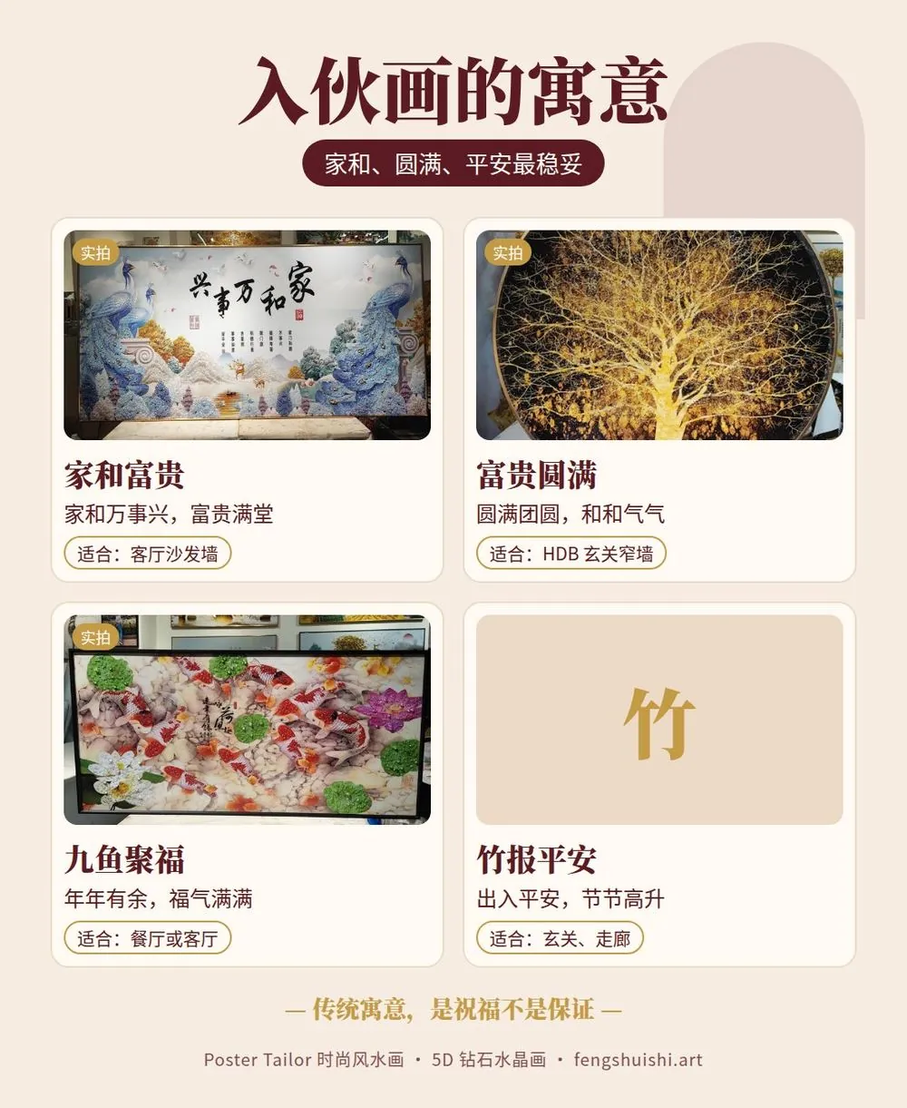 新加坡入伙礼物 风水画寓意 家和富贵 富贵圆满 九鱼聚福 竹报平安 适合挂的位置