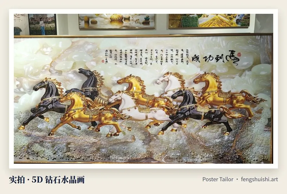 马到成功 5D 钻石水晶画实拍 横幅 一群金色与深色骏马向右奔腾 浅色石纹背景 右上角书法题字 金色细框 新加坡公司开业送礼