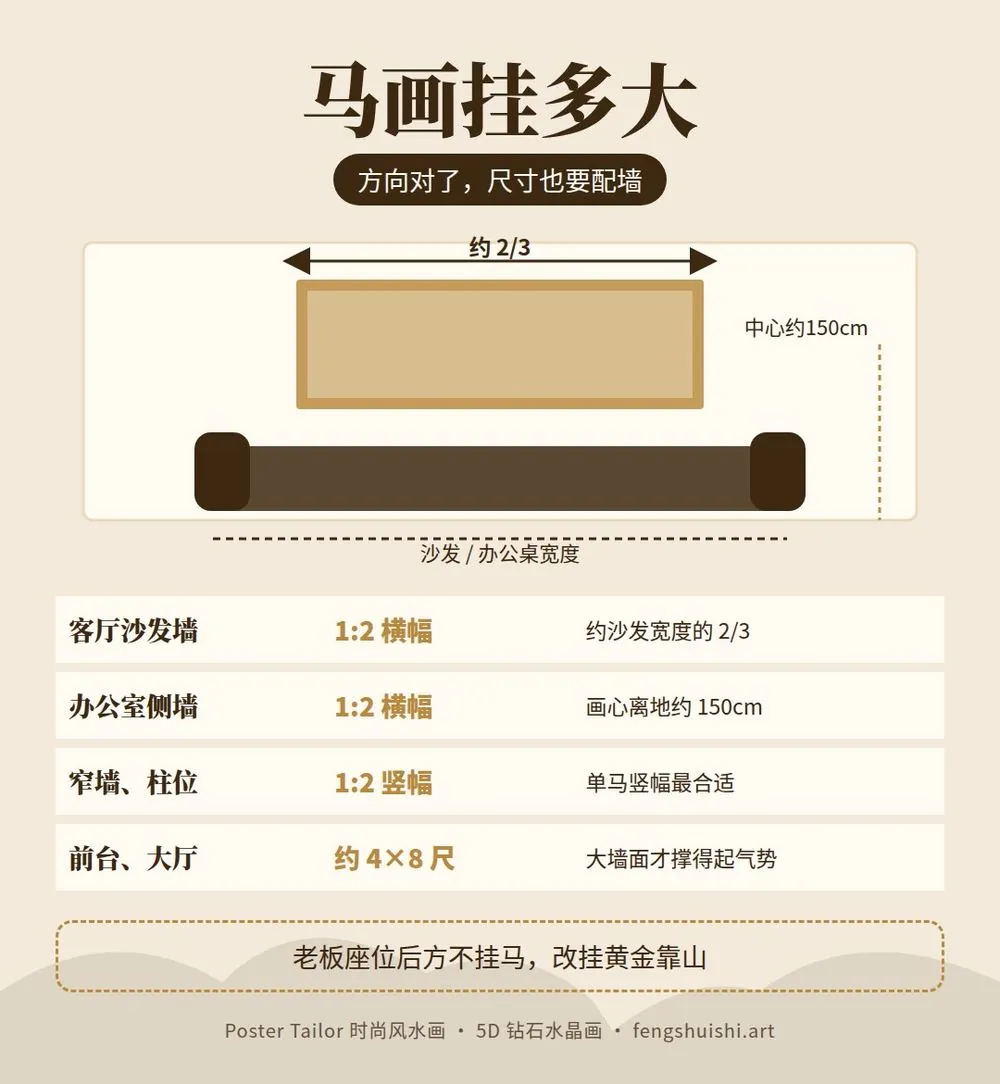 马到成功尺寸怎么选 客厅沙发墙 1:2 横幅约沙发宽度 2/3 办公室侧墙 窄墙柱位竖幅 大厅约 4×8 尺
