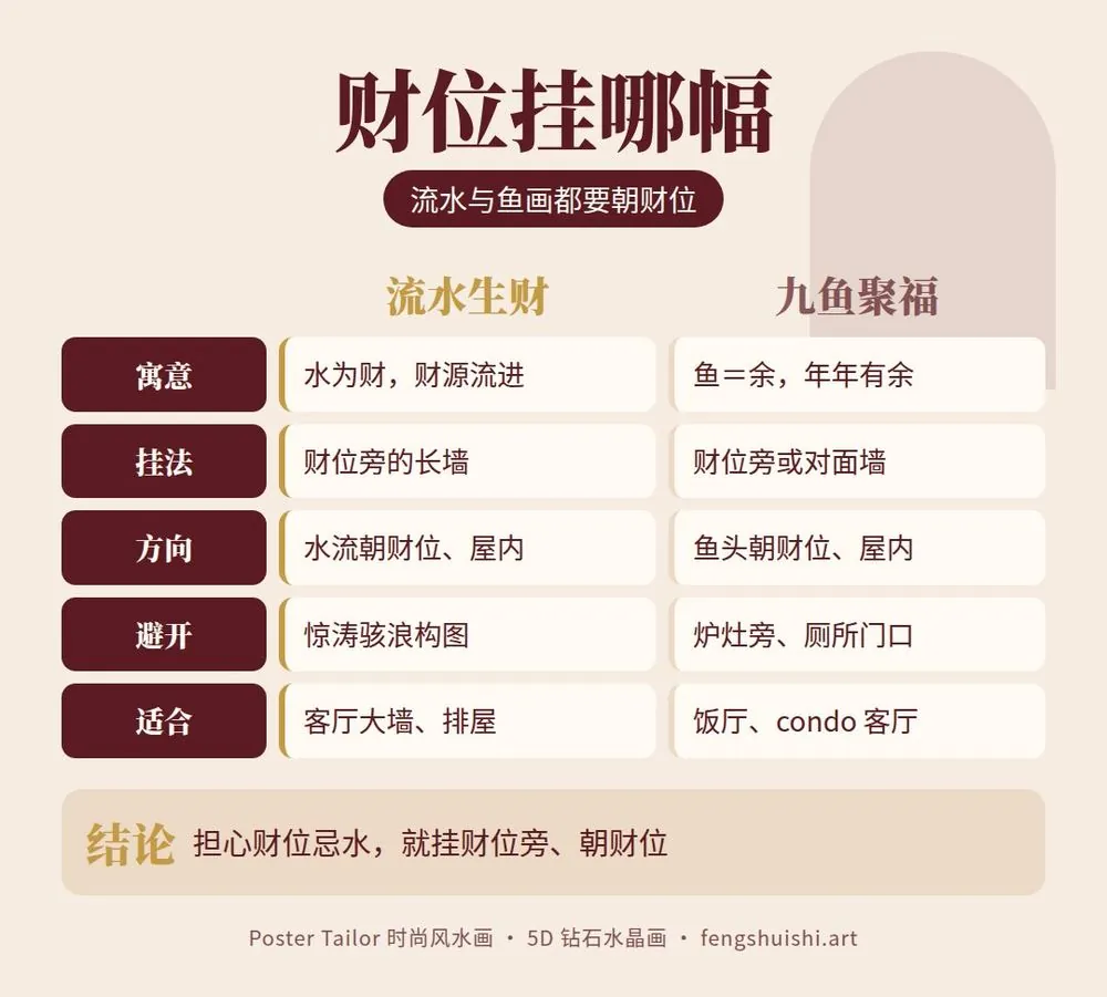 财位挂画对比 流水生财与九鱼聚福 寓意 挂法 方向 适合户型