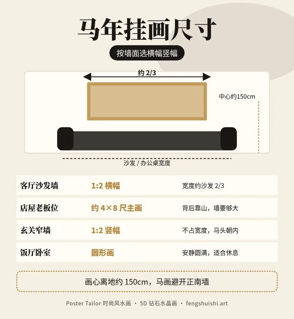 2026马年挂什么画 尺寸建议 客厅 1:2 横幅 办公室 4×8 尺主画 玄关竖幅 圆形画