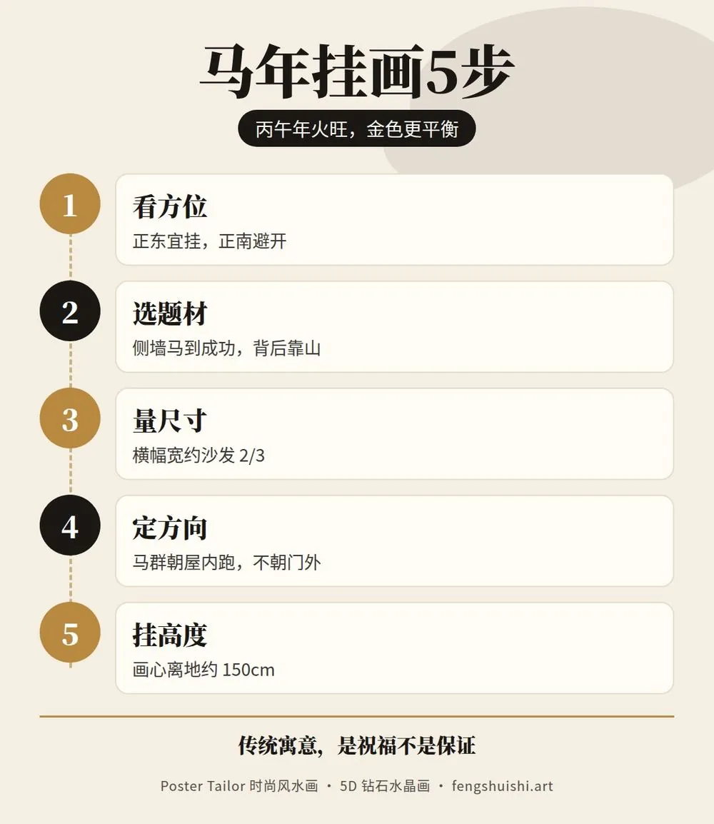 2026马年挂画步骤 看方位 避开正南 选马到成功或黄金靠山 量尺寸 马头朝屋内