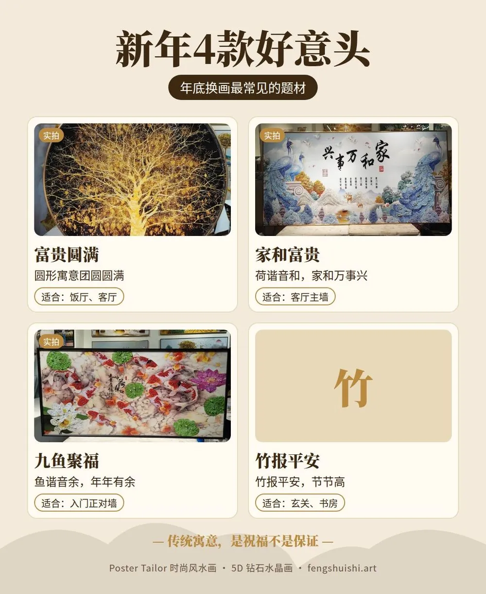 新年家居布置 4 款新年换画寓意 富贵圆满 家和富贵 九鱼聚福 竹报平安 适合位置