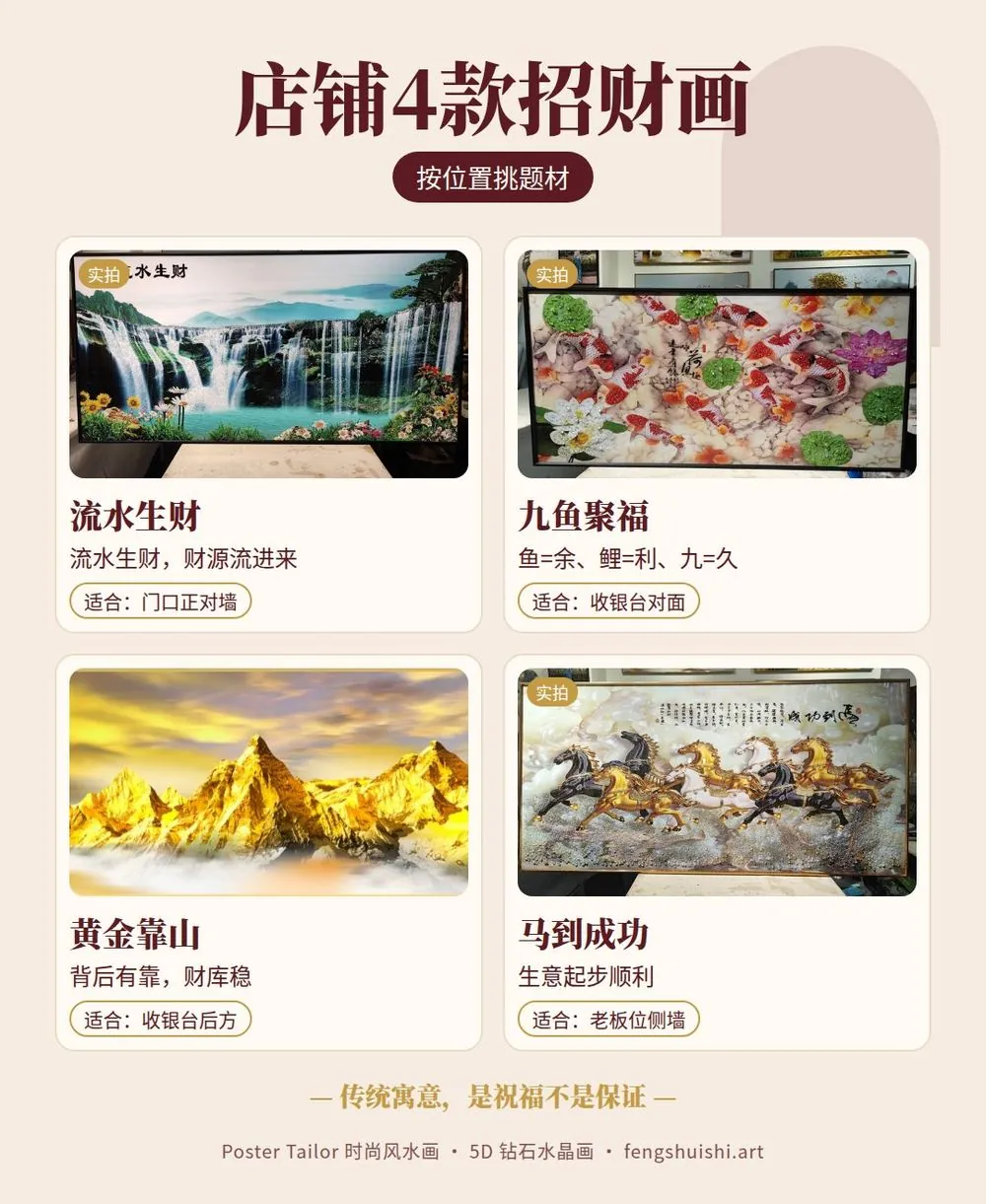 店铺挂什么画招财 4 款商店风水画寓意 流水生财 九鱼聚福 黄金靠山 马到成功