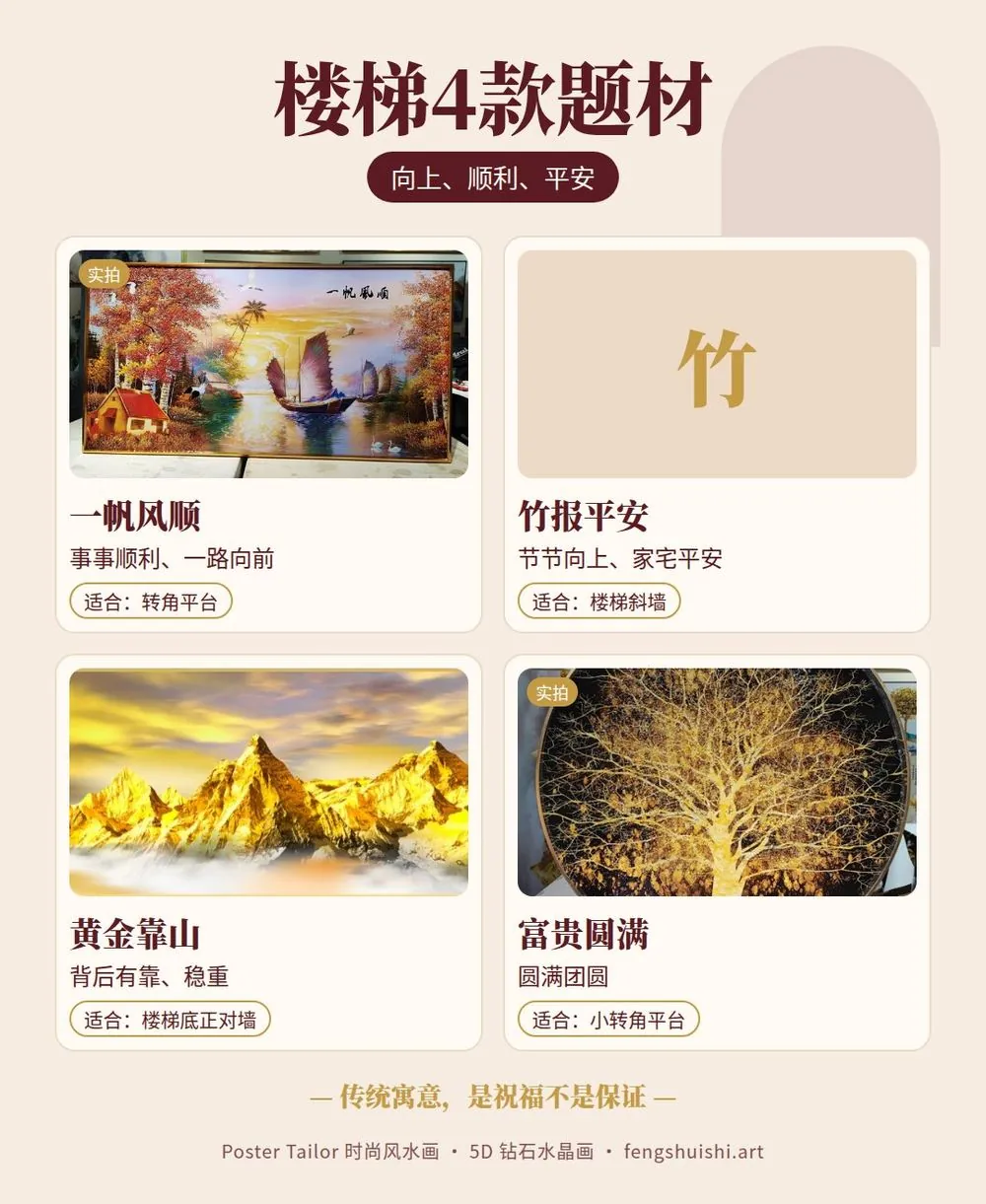 楼梯墙挂画题材寓意 一帆风顺 竹报平安 黄金靠山 富贵圆满 楼梯位置
