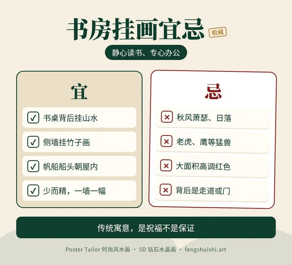 书房挂画宜忌清单 书桌背后挂山水 侧墙挂竹子 忌萧瑟 忌猛兽 忌大面积红色