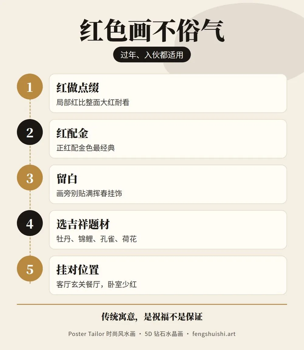 过年挂红色画不俗气 5 步骤 红为点缀 红配金 留白 选吉祥题材 挂对位置