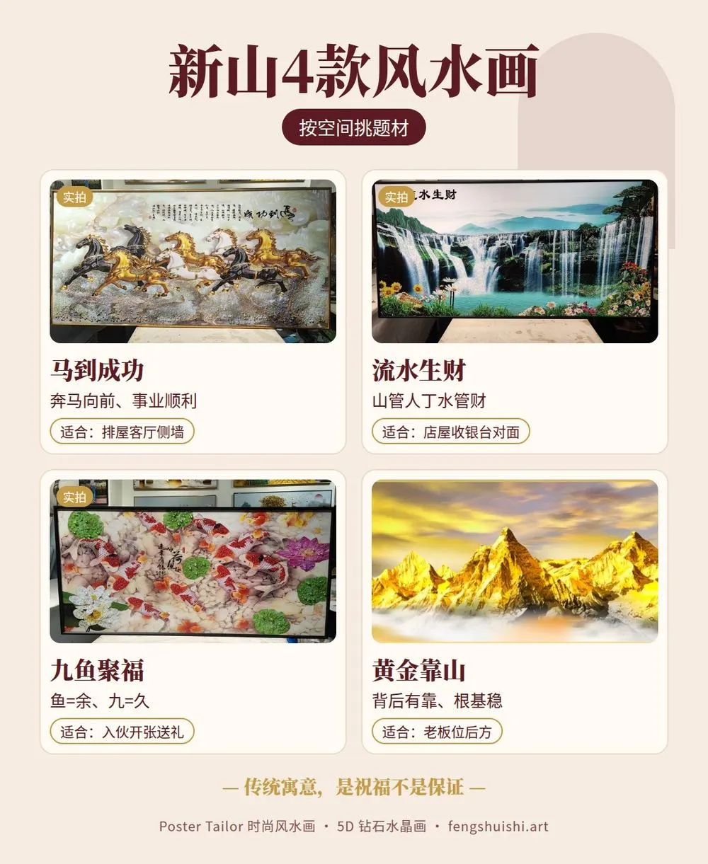 新山风水画寓意卡 马到成功 流水生财 九鱼聚福 黄金靠山 适合挂的位置